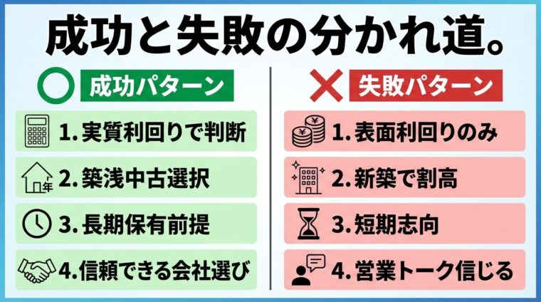 タイトル: 成功と失敗の分かれ道。左右2列比較で: 左列（○マーク）成功パターン: 実質利回りで判断、築浅中古選択、長期保有前提、信頼できる会社選び。右列（&times;マーク）失敗パターン: 表面利回りのみ、新築で割高、短期志向、営業トーク信じる