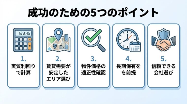 タイトル: 成功のための5つのポイント。縦並び5カードで: カード1（電卓アイコン）実質利回りで計算、カード2（地図アイコン）賃貸需要が安定したエリア選び、カード3（チェックアイコン）物件価格の適正性確認、カード4（時計アイコン）長期保有を前提、カード5（握手アイコン）信頼できる会社選び