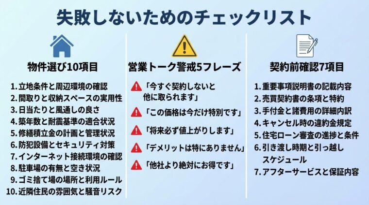 タイトル: 失敗しないためのチェックリスト。3つのセクションで: セクション1（家アイコン）物件選び10項目、セクション2（警告アイコン）営業トーク警戒5フレーズ、セクション3（書類アイコン）契約前確認7項目