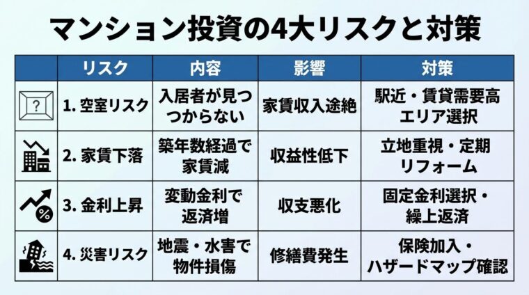 タイトル: マンション投資の4大リスクと対策。4列の表: ヘッダー行: リスク | 内容 | 影響 | 対策。行1: 空室リスク | 入居者が見つからない | 家賃収入途絶 | 駅近・賃貸需要高エリア選択。行2: 家賃下落 | 築年数経過で家賃減 | 収益性低下 | 立地重視・定期リフォーム。行3: 金利上昇 | 変動金利で返済増 | 収支悪化 | 固定金利選択・繰上返済。行4: 災害リスク | 地震・水害で物件損傷 | 修繕費発生 | 保険加入・ハザードマップ確認