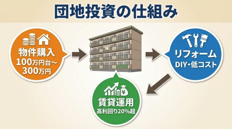 タイトル: 団地投資の仕組み。中央に団地のイラスト（5階建て、エレベーターなし）。左側に「物件購入」の吹き出し（100万円台～300万円）、右側に「リフォーム」の吹き出し（DIY・低コスト）、下部に「賃貸運用」の吹き出し（高利回り20%超）。矢印で流れを示す