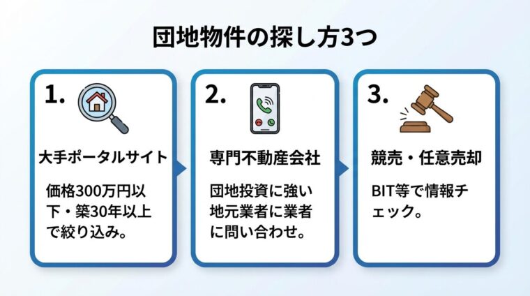 タイトル: 団地物件の探し方3つ。横並び3カードで: カード1（検索のアイコン）ヘッダー: 大手ポータルサイト、説明: 価格300万円以下・築30年以上で絞り込み。カード2（電話のアイコン）ヘッダー: 専門不動産会社、説明: 団地投資に強い地元業者に問い合わせ。カード3（ハンマーのアイコン）ヘッダー: 競売・任意売却、説明: BIT等で情報チェック
