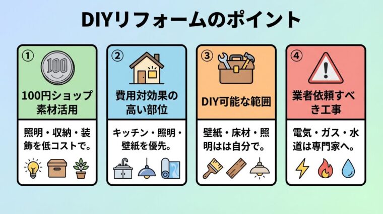 タイトル: DIYリフォームのポイント。横並び4カードで: カード1（100円のアイコン）ヘッダー: 100円ショップ素材活用、説明: 照明・収納・装飾を低コストで。カード2（家のアイコン）ヘッダー: 費用対効果の高い部位、説明: キッチン・照明・壁紙を優先。カード3（工具のアイコン）ヘッダー: DIY可能な範囲、説明: 壁紙・床材・照明は自分で。カード4（注意のアイコン）ヘッダー: 業者依頼すべき工事、説明: 電気・ガス・水道は専門家へ
