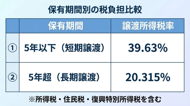 タイトル: 保有期間別の税負担比較。2列の表: ヘッダー行: 保有期間 | 譲渡所得税率。行1: 5年以下（短期譲渡）| 39.63%、行2: 5年超（長期譲渡）| 20.315%。下部に注釈: ※所得税・住民税・復興特別所得税を含む