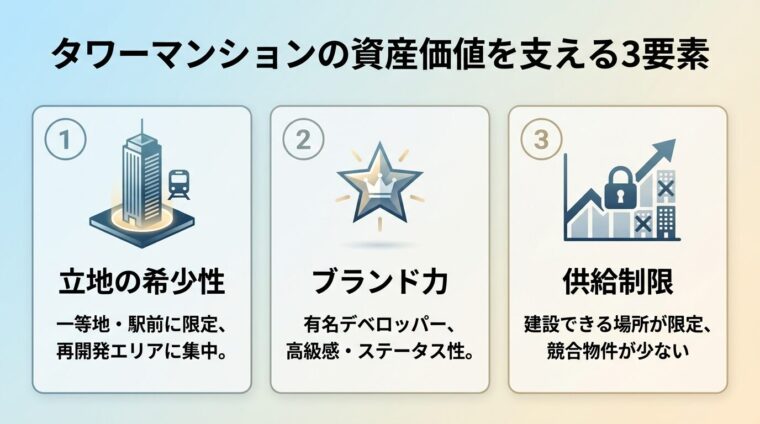 タイトル: タワーマンションの資産価値を支える3要素。横並び3カードで: カード1（ビルのアイコン）ヘッダー: 立地の希少性、説明: 一等地・駅前に限定、再開発エリアに集中。カード2（星のアイコン）ヘッダー: ブランド力、説明: 有名デベロッパー、高級感・ステータス性。カード3（グラフのアイコン）ヘッダー: 供給制限、説明: 建設できる場所が限定、競合物件が少ない
