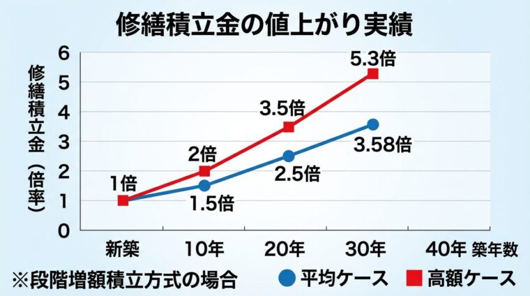 タイトル: 修繕積立金の値上がり実績。折れ線グラフで: 横軸: 築年数（新築 &rarr; 10年 &rarr; 20年 &rarr; 30年 &rarr; 40年）、縦軸: 修繕積立金（倍率）。線1（青）: 平均ケース（1倍 &rarr; 1.5倍 &rarr; 2.5倍 &rarr; 3.58倍）、線2（赤）: 高額ケース（1倍 &rarr; 2倍 &rarr; 3.5倍 &rarr; 5.3倍）。注釈: ※段階増額積立方式の場合