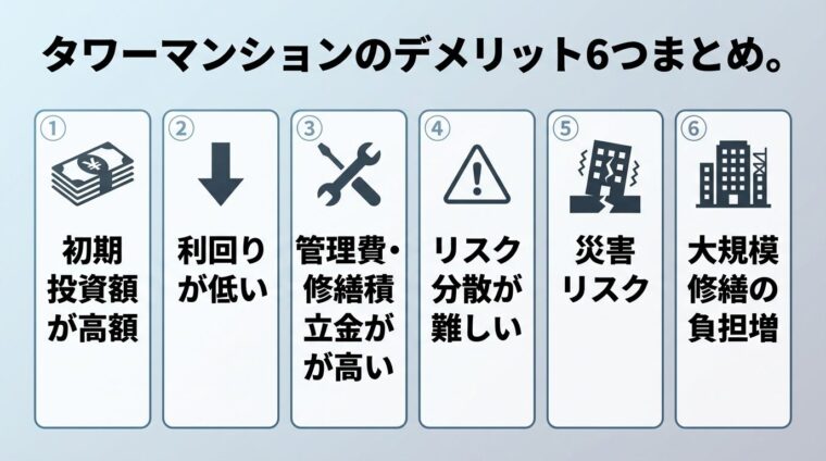 タイトル: タワーマンションのデメリット6つまとめ。縦並び6カードで: カード1（札束のアイコン）初期投資額が高額、カード2（下矢印のアイコン）利回りが低い、カード3（工具のアイコン）管理費・修繕積立金が高い、カード4（警告のアイコン）リスク分散が難しい、カード5（地震のアイコン）災害リスク、カード6（建物のアイコン）大規模修繕の負担増