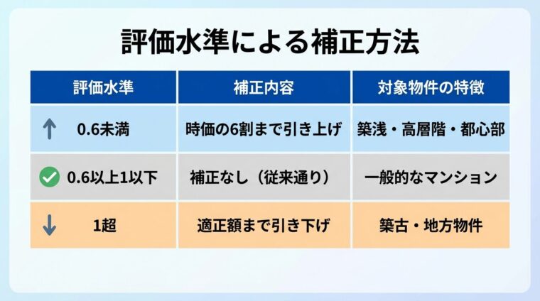 タイトル: 評価水準による補正方法。3列の表: ヘッダー行: 評価水準 | 補正内容 | 対象物件の特徴。行1: 0.6未満 | 時価の6割まで引き上げ | 築浅・高層階・都心部。行2: 0.6以上1以下 | 補正なし（従来通り）| 一般的なマンション。行3: 1超 | 適正額まで引き下げ | 築古・地方物件