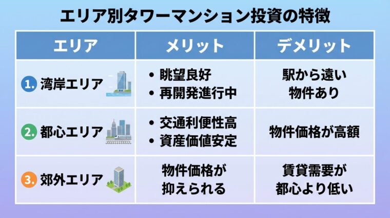 タイトル: エリア別タワーマンション投資の特徴。3列の表: ヘッダー行: エリア | メリット | デメリット。行1: 湾岸エリア | 眺望良好・再開発進行中 | 駅から遠い物件あり。行2: 都心エリア | 交通利便性高・資産価値安定 | 物件価格が高額。行3: 郊外エリア | 物件価格が抑えられる | 賃貸需要が都心より低い