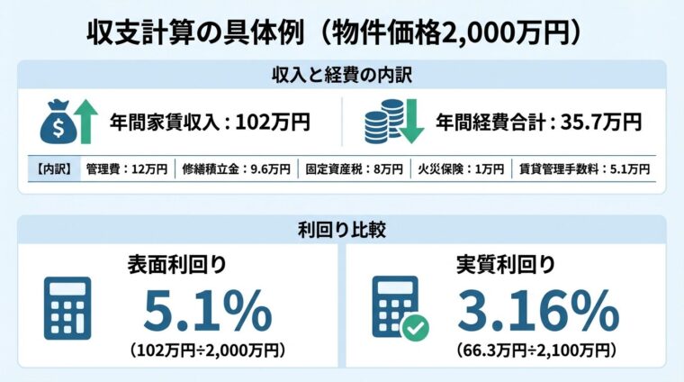 タイトル: 収支計算の具体例（物件価格2,000万円）。2段構成。上段: 収入と経費の内訳。年間家賃収入: 102万円、年間経費合計: 35.7万円（内訳: 管理費12万円、修繕積立金9.6万円、固定資産税8万円、火災保険1万円、賃貸管理手数料5.1万円）。下段: 利回り比較。表面利回り: 5.1%（102万円&divide;2,000万円）、実質利回り: 3.16%（66.3万円&divide;2,100万円）