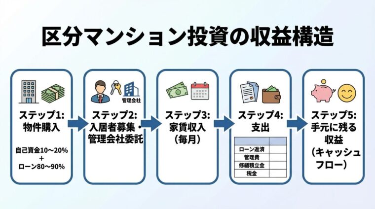 タイトル: 区分マンション投資の収益構造。フロー図で表示。ステップ1: 物件購入（自己資金10〜20% + ローン80〜90%）&rarr; ステップ2: 入居者募集・管理会社委託 &rarr; ステップ3: 家賃収入（毎月） &rarr; ステップ4: 支出（ローン返済・管理費・修繕積立金・税金） &rarr; ステップ5: 手元に残る収益（キャッシュフロー）
