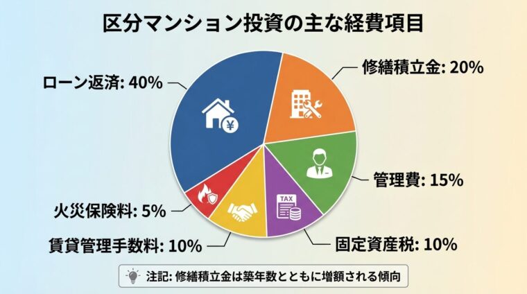 タイトル: 区分マンション投資の主な経費項目。円グラフで表示。ローン返済: 40%、管理費: 15%、修繕積立金: 20%、固定資産税: 10%、火災保険料: 5%、賃貸管理手数料: 10%。注記: 修繕積立金は築年数とともに増額される傾向