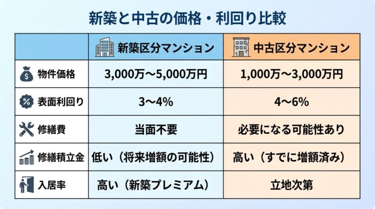 タイトル: 新築と中古の価格・利回り比較。2列の比較表。左列ヘッダー: 新築区分マンション。物件価格: 3,000万〜5,000万円、表面利回り: 3〜4%、修繕費: 当面不要、修繕積立金: 低い（将来増額の可能性）、入居率: 高い（新築プレミアム）。右列ヘッダー: 中古区分マンション。物件価格: 1,000万〜3,000万円、表面利回り: 4〜6%、修繕費: 必要になる可能性あり、修繕積立金: 高い（すでに増額済み）、入居率: 立地次第