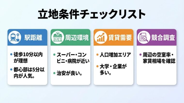タイトル: 立地条件チェックリスト。4つのチェック項目をカードで表示。カード1（駅のアイコン）ヘッダー: 駅距離、チェック項目: 徒歩10分以内が理想、都心部は5分以内が人気。カード2（店舗のアイコン）ヘッダー: 周辺環境、チェック項目: スーパー・コンビニ・病院が近い、治安が良い。カード3（人口グラフのアイコン）ヘッダー: 賃貸需要、チェック項目: 人口増加エリア、大学・企業が多い。カード4（検索のアイコン）ヘッダー: 競合調査、チェック項目: 周辺の空室率・家賃相場を確認