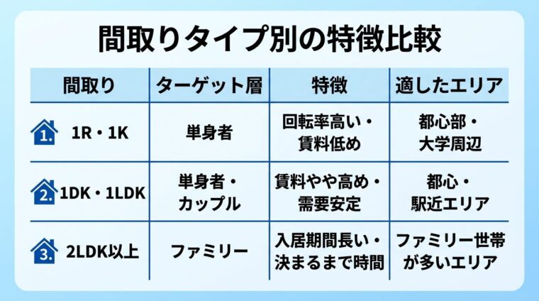 タイトル: 間取りタイプ別の特徴比較。3列の表。ヘッダー行: 間取り | ターゲット層 | 特徴 | 適したエリア。行1: 1R・1K | 単身者 | 回転率高い・賃料低め | 都心部・大学周辺。行2: 1DK・1LDK | 単身者・カップル | 賃料やや高め・需要安定 | 都心・駅近エリア。行3: 2LDK以上 | ファミリー | 入居期間長い・決まるまで時間 | ファミリー世帯が多いエリア