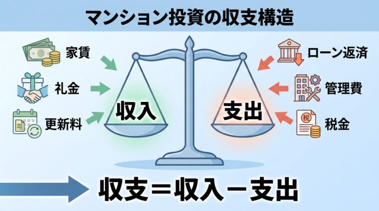 タイトル: マンション投資の収支構造。中央に大きな天秤のイラスト。左側の皿に「収入」と書かれ、家賃・礼金・更新料のアイコン。右側の皿に「支出」と書かれ、ローン返済・管理費・税金のアイコン。天秤の下に矢印で「収支＝収入－支出」と表示