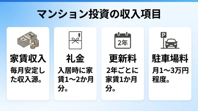 タイトル: マンション投資の収入項目。横並び4カードで: カード1（札束のアイコン）ヘッダー: 家賃収入、説明: 毎月安定した収入源。カード2（封筒のアイコン）ヘッダー: 礼金、説明: 入居時に家賃1〜2か月分。カード3（カレンダーのアイコン）ヘッダー: 更新料、説明: 2年ごとに家賃1か月分。カード4（車のアイコン）ヘッダー: 駐車場料、説明: 月1〜3万円程度