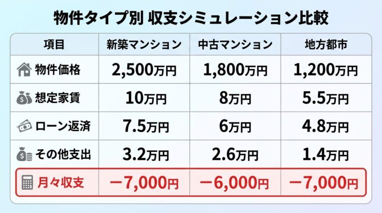 タイトル: 物件タイプ別 収支シミュレーション比較。3列の表: ヘッダー行: 項目 | 新築マンション | 中古マンション | 地方都市。行1: 物件価格 | 2,500万円 | 1,800万円 | 1,200万円。行2: 想定家賃 | 10万円 | 8万円 | 5.5万円。行3: ローン返済 | 7.5万円 | 6万円 | 4.8万円。行4: その他支出 | 3.2万円 | 2.6万円 | 1.4万円。行5: 月々収支 | －7,000円 | －6,000円 | －7,000円