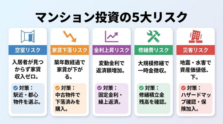 タイトル: マンション投資の5大リスク。縦並び5カードで: カード1（空室のアイコン）ヘッダー: 空室リスク、説明: 入居者が見つからず家賃収入ゼロ。対策: 駅近・都心物件を選ぶ。カード2（下矢印のアイコン）ヘッダー: 家賃下落リスク、説明: 築年数経過で家賃が下がる。対策: 中古物件で下落済みを購入。カード3（グラフ変動のアイコン）ヘッダー: 金利上昇リスク、説明: 変動金利で返済額増加。対策: 固定金利・繰上返済。カード4（工具のアイコン）ヘッダー: 修繕費リスク、説明: 大規模修繕で一時金徴収。対策: 修繕積立金残高を確認。カード5（地震のアイコン）ヘッダー: 災害リスク、説明: 地震・水害で資産価値低下。対策: ハザードマップ確認・保険加入