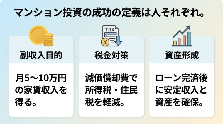 タイトル: マンション投資の成功の定義は人それぞれ。横並び3カードで: カード1（コインのアイコン）ヘッダー: 副収入目的、説明: 月5〜10万円の家賃収入を得る。カード2（税金のアイコン）ヘッダー: 税金対策、説明: 減価償却費で所得税・住民税を軽減。カード3（グラフのアイコン）ヘッダー: 資産形成、説明: ローン完済後に安定収入と資産を確保