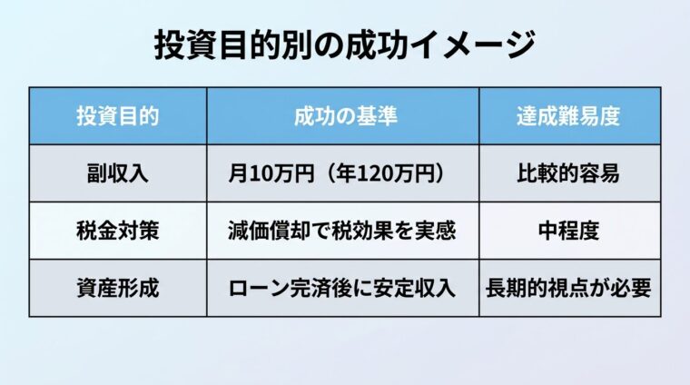 タイトル: 投資目的別の成功イメージ。3列の表: ヘッダー行: 投資目的 | 成功の基準 | 達成難易度。行1: 副収入 | 月10万円（年120万円） | 比較的容易。行2: 税金対策 | 減価償却で税効果を実感 | 中程度。行3: 資産形成 | ローン完済後に安定収入 | 長期的視点が必要