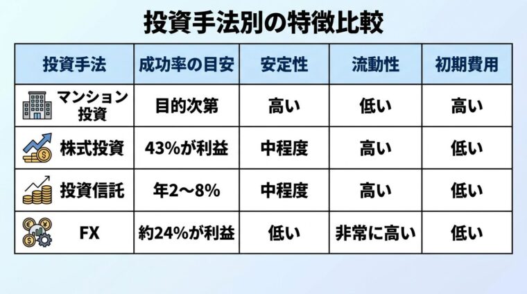タイトル: 投資手法別の特徴比較。5列の表: ヘッダー行: 投資手法 | 成功率の目安 | 安定性 | 流動性 | 初期費用。行1: マンション投資 | 目的次第 | 高い | 低い | 高い。行2: 株式投資 | 43%が利益 | 中程度 | 高い | 低い。行3: 投資信託 | 年2〜8% | 中程度 | 高い | 低い。行4: FX | 約24%が利益 | 低い | 非常に高い | 低い