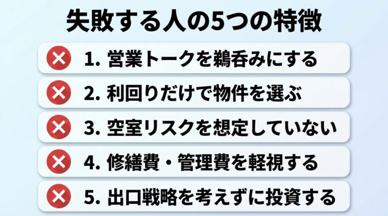 タイトル: 失敗する人の5つの特徴。縦並びリストで: 1. 営業トークを鵜呑みにする（&times;アイコン）、2. 利回りだけで物件を選ぶ（&times;アイコン）、3. 空室リスクを想定していない（&times;アイコン）、4. 修繕費・管理費を軽視する（&times;アイコン）、5. 出口戦略を考えずに投資する（&times;アイコン）