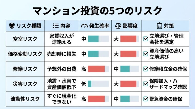 タイトル: マンション投資の5つのリスク。5列の表: ヘッダー行: リスク種類 | 内容 | 発生確率 | 影響度 | 対策。行1: 空室リスク | 家賃収入が途絶える | 中 | 大 | 立地選び・管理会社選定。行2: 価格変動リスク | 売却時に損失 | 中 | 大 | 資産価値の高い立地選び。行3: 修繕リスク | 予想外の出費 | 高 | 中 | 修繕積立金の確保。行4: 災害リスク | 地震・水害で資産価値低下 | 低 | 大 | 保険加入・ハザードマップ確認。行5: 流動性リスク | すぐに現金化できない | 高 | 中 | 緊急資金の確保