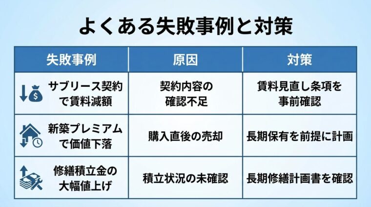 タイトル: よくある失敗事例と対策。3行の表で: ヘッダー行: 失敗事例 | 原因 | 対策。行1: サブリース契約で賃料減額 | 契約内容の確認不足 | 賃料見直し条項を事前確認。行2: 新築プレミアムで価値下落 | 購入直後の売却 | 長期保有を前提に計画。行3: 修繕積立金の大幅値上げ | 積立状況の未確認 | 長期修繕計画書を確認