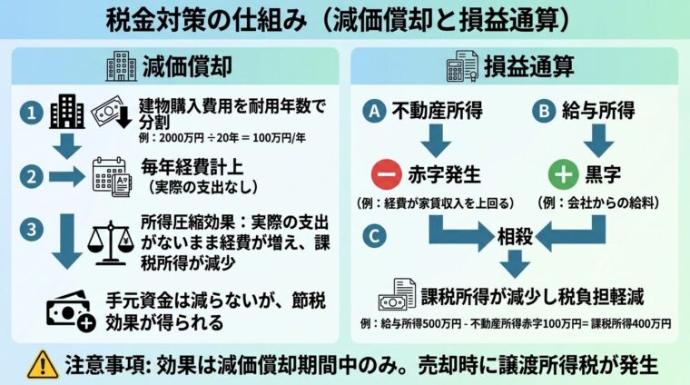 タイトル: 税金対策の仕組み（減価償却と損益通算）。左右2列で: 左列ヘッダー: 減価償却、説明: 建物購入費用を耐用年数で分割し毎年経費計上。実際の支出なしで所得圧縮。右列ヘッダー: 損益通算、説明: 不動産所得の赤字を給与所得と相殺。課税所得を減らし税負担軽減。下部に注意事項: 効果は減価償却期間中のみ。売却時に譲渡所得税が発生