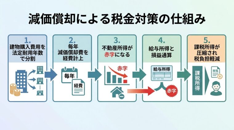 タイトル: 減価償却による税金対策の仕組み。フロー図で: ステップ1: 建物購入費用を法定耐用年数で分割 &rarr; ステップ2: 毎年減価償却費を経費計上 &rarr; ステップ3: 不動産所得が赤字になる &rarr; ステップ4: 給与所得と損益通算 &rarr; ステップ5: 課税所得が圧縮され税負担軽減。各ステップを矢印でつなぐ
