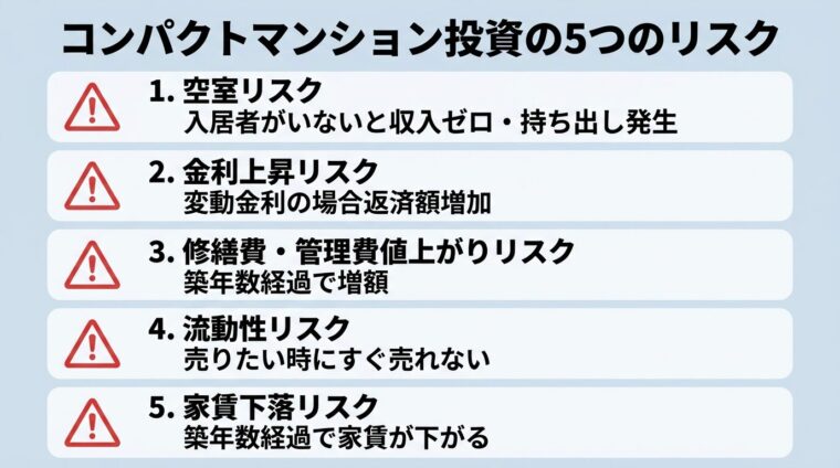 タイトル: コンパクトマンション投資の5つのリスク。縦並び5項目のリストで: 1. 空室リスク（入居者がいないと収入ゼロ・持ち出し発生）、2. 金利上昇リスク（変動金利の場合返済額増加）、3. 修繕費・管理費値上がりリスク（築年数経過で増額）、4. 流動性リスク（売りたい時にすぐ売れない）、5. 家賃下落リスク（築年数経過で家賃が下がる）。各項目に警告アイコン付き
