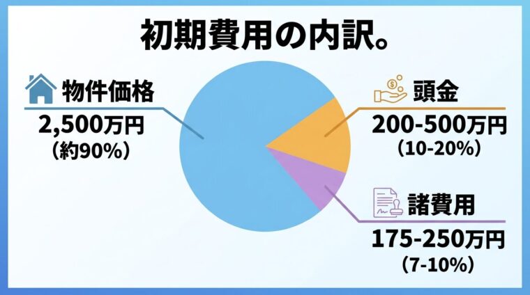 タイトル: 初期費用の内訳。円グラフで: 物件価格（例: 2,500万円）が全体の約90%、頭金（10-20%）が200-500万円、諸費用（7-10%）が175-250万円。各セクションに金額とパーセンテージを表示