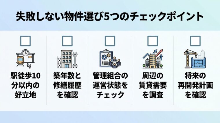 タイトル: 失敗しない物件選び5つのチェックポイント。チェックリスト形式で: □ 駅徒歩10分以内の好立地、□ 築年数と修繕履歴を確認、□ 管理組合の運営状態をチェック、□ 周辺の賃貸需要を調査、□ 将来の再開発計画を確認。各項目にチェックボックスとアイコン付き