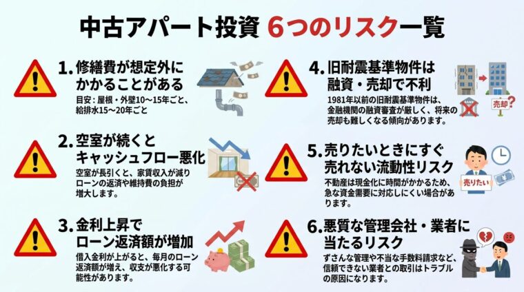 タイトル: 中古アパート投資 6つのリスク一覧。縦並びリスト形式（警告アイコン付き）。1. 修繕費が想定外にかかることがある（目安: 屋根・外壁10〜15年ごと、給排水15〜20年ごと）、2. 空室が続くとキャッシュフロー悪化、3. 金利上昇でローン返済額が増加、4. 旧耐震基準物件は融資・売却で不利、5. 売りたいときにすぐ売れない流動性リスク、6. 悪質な管理会社・業者に当たるリスク