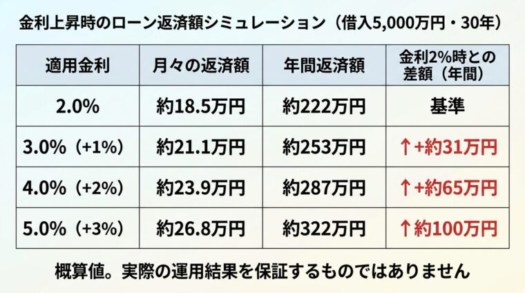 タイトル: 金利上昇時のローン返済額シミュレーション（借入5,000万円・30年）。4列の表形式。ヘッダー行: 適用金利 | 月々の返済額 | 年間返済額 | 金利2%時との差額（年間）。行1: 2.0% | 約18.5万円 | 約222万円 | 基準。行2: 3.0%（+1%） | 約21.1万円 | 約253万円 | +約31万円。行3: 4.0%（+2%） | 約23.9万円 | 約287万円 | +約65万円。行4: 5.0%（+3%） | 約26.8万円 | 約322万円 | +約100万円。下部注記: 概算値。実際の運用結果を保証するものではありません