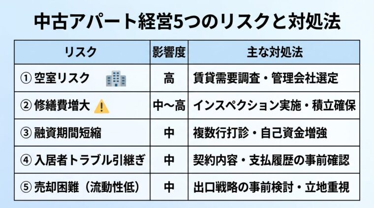 タイトル: 中古アパート経営5つのリスクと対処法。5行の表形式。ヘッダー行: リスク | 影響度 | 主な対処法。行1: 空室リスク | 高 | 賃貸需要調査・管理会社選定。行2: 修繕費増大 | 中〜高 | インスペクション実施・積立確保。行3: 融資期間短縮 | 中 | 複数行打診・自己資金増強。行4: 入居者トラブル引継ぎ | 中 | 契約内容・支払履歴の事前確認。行5: 売却困難（流動性低） | 中 | 出口戦略の事前検討・立地重視