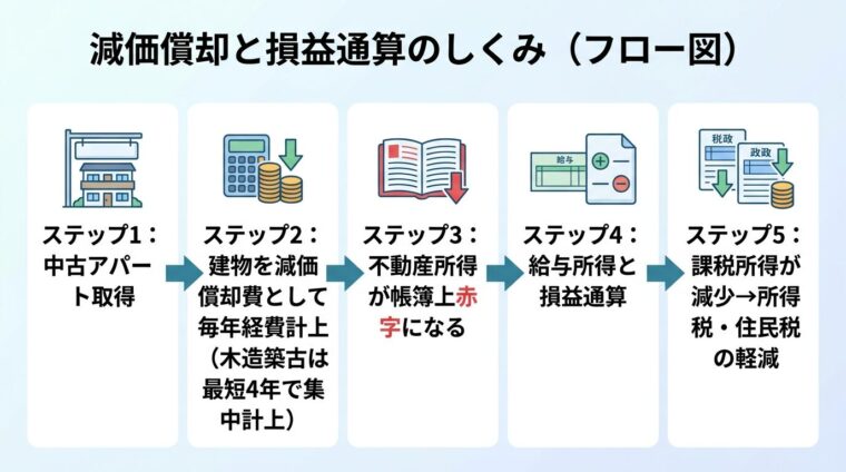 タイトル: 減価償却と損益通算のしくみ。フロー図。左から右へ: ステップ1「中古アパート取得」&rarr;ステップ2「建物を減価償却費として毎年経費計上（木造築古は最短4年で集中計上）」&rarr;ステップ3「不動産所得が帳簿上赤字になる」&rarr;ステップ4「給与所得と損益通算」&rarr;ステップ5「課税所得が減少&rarr;所得税・住民税の軽減」。各ステップに対応するシンプルなアイコン付き