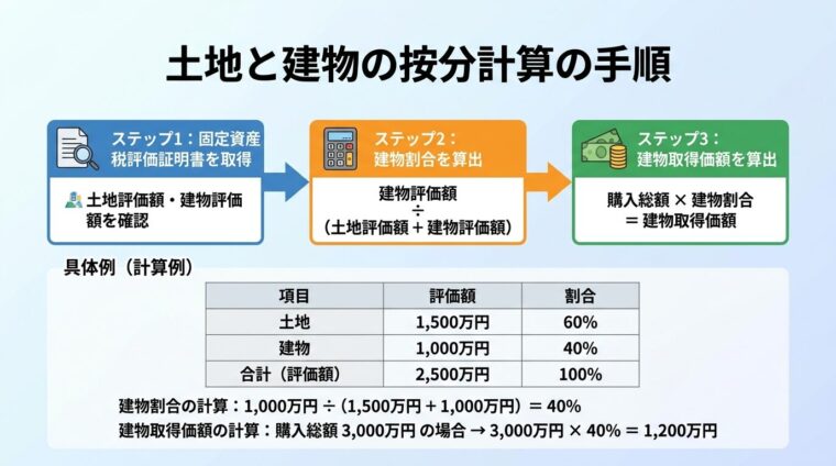 土地と建物の按分計算の手順を示すフロー図。ステップ1: 固定資産税評価証明書を取得（土地評価額・建物評価額を確認）&rarr; ステップ2: 建物割合を算出（建物評価額&divide;（土地評価額＋建物評価額））&rarr; ステップ3: 購入総額&times;建物割合＝建物取得価額。具体例: 土地1,500万円・建物1,000万円の場合、建物割合40%。購入総額3,000万円なら建物取得価額1,200万円