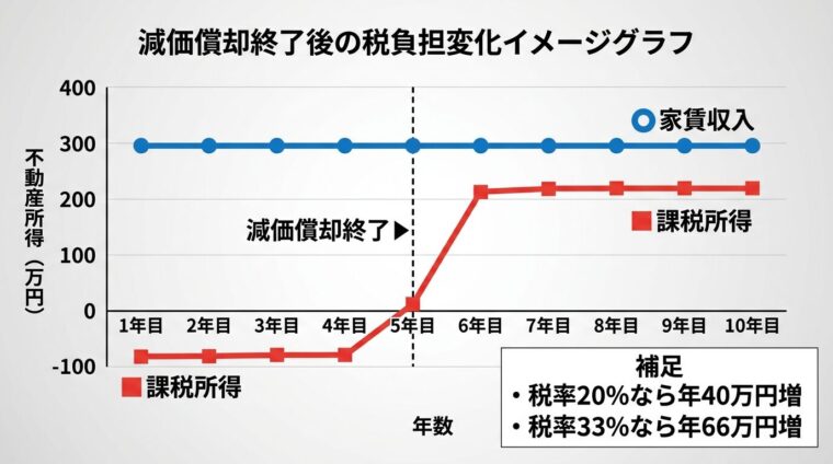減価償却終了後の税負担変化イメージグラフ。横軸: 年数（1年目〜10年目）。縦軸: 不動産所得（万円）。折れ線2本: 青線（家賃収入）は横ばい約300万円。赤線（課税所得）は1〜4年目はマイナス（減価償却で赤字）、5年目から急上昇して200万円超に。5年目に「減価償却終了」の縦線と注釈。右下に補足: 税率20%なら年40万円増、33%なら年66万円増