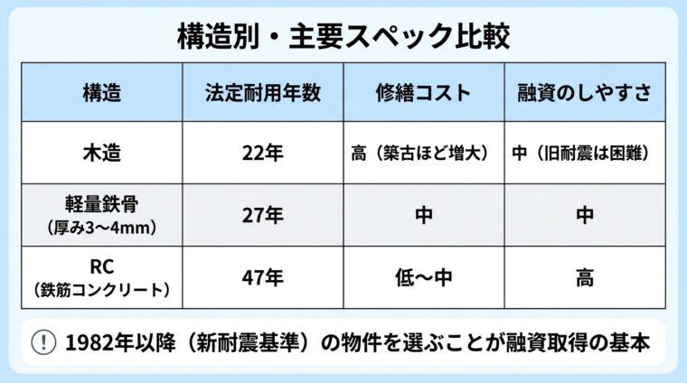 建物構造別の比較表インフォグラフィック。タイトル: 構造別・主要スペック比較。4列の表形式。ヘッダー行: 構造 | 法定耐用年数 | 修繕コスト | 融資のしやすさ。行1: 木造 | 22年 | 高（築古ほど増大） | 中（旧耐震は困難）。行2: 軽量鉄骨（厚み3〜4mm） | 27年 | 中 | 中。行3: RC（鉄筋コンクリート） | 47年 | 低〜中 | 高。下部に注記: 1982年以降（新耐震基準）の物件を選ぶことが融資取得の基本