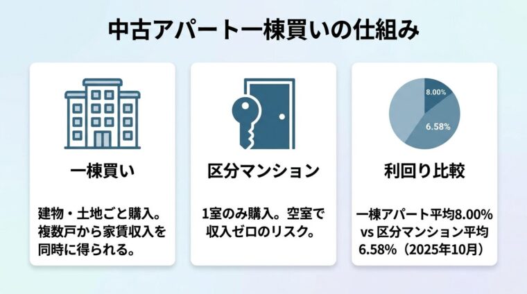 タイトル: 中古アパート一棟買いの仕組み。横並び3カードで比較: カード1（ビルアイコン）ヘッダー: 一棟買い、説明: 建物・土地ごと購入。複数戸から家賃収入を同時に得られる。カード2（鍵アイコン）ヘッダー: 区分マンション、説明: 1室のみ購入。空室で収入ゼロのリスク。カード3（円グラフアイコン）ヘッダー: 利回り比較、説明: 一棟アパート平均8.00% vs 区分マンション平均6.58%（2025年10月）