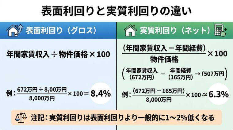 タイトル: 表面利回りと実質利回りの違い。2列の比較図: 左側（青背景）表面利回り（グロス）= 年間家賃収入 &divide; 物件価格 &times; 100。例: 672万円 &divide; 8,000万円 &times; 100 = 8.4%。右側（緑背景）実質利回り（ネット）=（年間家賃収入 &minus; 年間経費）&divide; 物件価格 &times; 100。例:（672万円 &minus; 165万円）&divide; 8,000万円 &times; 100 &asymp; 6.3%。下部に注記: 実質利回りは表面利回りより一般的に1〜2%低くなる