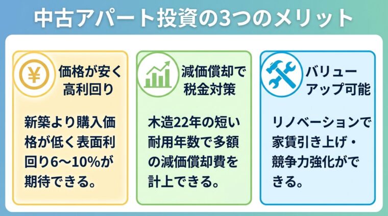 タイトル: 中古アパート投資の3つのメリット。横並び3カードで: カード1（円マークのアイコン）ヘッダー: 価格が安く高利回り、説明: 新築より購入価格が低く表面利回り6〜10%が期待できる。カード2（グラフのアイコン）ヘッダー: 減価償却で税金対策、説明: 木造22年の短い耐用年数で多額の減価償却費を計上できる。カード3（ハンマーのアイコン）ヘッダー: バリューアップ可能、説明: リノベーションで家賃引き上げ・競争力強化ができる。