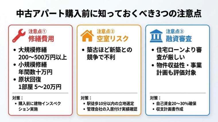 タイトル: 中古アパート購入前に知っておくべき3つの注意点。横並び3カードで: カード1（レンチアイコン・赤）注意点①修繕費用、内容: 大規模修繕200〜500万円以上／小規模修繕年間数十万円／原状回復1部屋5〜20万円。対策: 購入前に建物インスペクション実施。カード2（家アイコン・オレンジ）注意点②空室リスク、内容: 築古ほど新築との競争で不利。対策: 駅徒歩10分以内の立地選定・管理会社の入居付け実績確認。カード3（銀行アイコン・青）注意点③融資審査、内容: 住宅ローンより審査が厳しい。物件収益性・事業計画も評価対象。対策: 自己資金20〜30%確保・収支計画書作成。