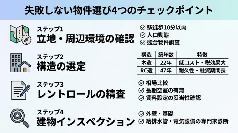 タイトル: 失敗しない物件選び4つのチェックポイント。縦並び4ステップで: ステップ1（地図アイコン）立地・周辺環境の確認: 駅徒歩10分以内・人口動態・競合物件調査。ステップ2（建物アイコン）構造の選定: 木造22年（低コスト・税効果大）/ RC造47年（耐久性・融資期間長）。ステップ3（書類アイコン）レントロールの精査: 相場比較・長期空室の有無・賃料設定の妥当性確認。ステップ4（虫眼鏡アイコン）建物インスペクション: 外壁・基礎・給排水管・電気設備の専門家診断。