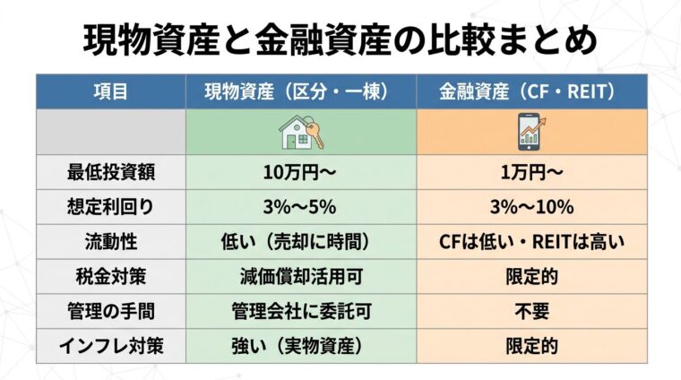 タイトル: 現物資産と金融資産の比較まとめ。2列の表: ヘッダー行: 項目 | 現物資産（区分・一棟所有） | 金融資産（CF・REIT）。行1: 最低投資額 | 10万円〜 | 1万円〜。行2: 想定利回り | 3%〜5% | 3%〜10%。行3: 流動性 | 低い（売却に時間） | クラファンは低い・REITは高い。行4: 税金対策 | 減価償却活用可 | 限定的。行5: 管理の手間 | 管理会社に委託可 | 不要。行6: インフレ対策 | 強い（実物資産） | 限定的