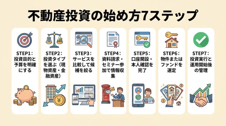 タイトル: 不動産投資の始め方7ステップ。縦並び7カードで: カード1（目標アイコン）STEP1: 投資目的と予算を明確にする。カード2（比較アイコン）STEP2: 投資タイプを選ぶ（現物資産・金融資産）。カード3（虫眼鏡アイコン）STEP3: サービスを比較して候補を絞る。カード4（資料アイコン）STEP4: 資料請求・セミナー参加で情報収集。カード5（登録アイコン）STEP5: 口座開設・本人確認を完了。カード6（物件アイコン）STEP6: 物件またはファンドを選定。カード7（チェックアイコン）STEP7: 投資実行と運用開始後の管理