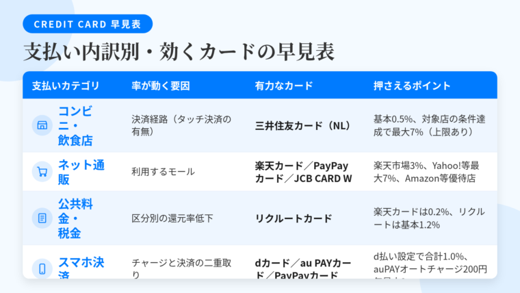 タイトル: 支払い内訳別・効くカードの早見表。4列の表: ヘッダー行: 支払いカテゴリ | 率が動く要因 | 有力なカード | 押さえるポイント。行1: コンビニ・飲食店 | 決済経路(スマホのタッチ決済か否か) | 三井住友カード(NL) | 基本0.5%、対象店の条件達成で最大7%(上限あり)。行2: ネット通販 | 利用するモール | 楽天カード/PayPayカード/JCB CARD W | 楽天市場3%、Yahoo!等最大7%、Amazon等の優待店。行3: 公共料金・税金 | 区分別の還元率低下 | リクルートカード | 楽天カードは公共料金等0.2%、リクルートカードは基本1.2%。行4: スマホ決済 | チャージと決済の二重取り | dカード/au PAY カード/PayPayカード | d払い設定で合計1.0%、au PAYオートチャージは200円ごと最大3ポイント