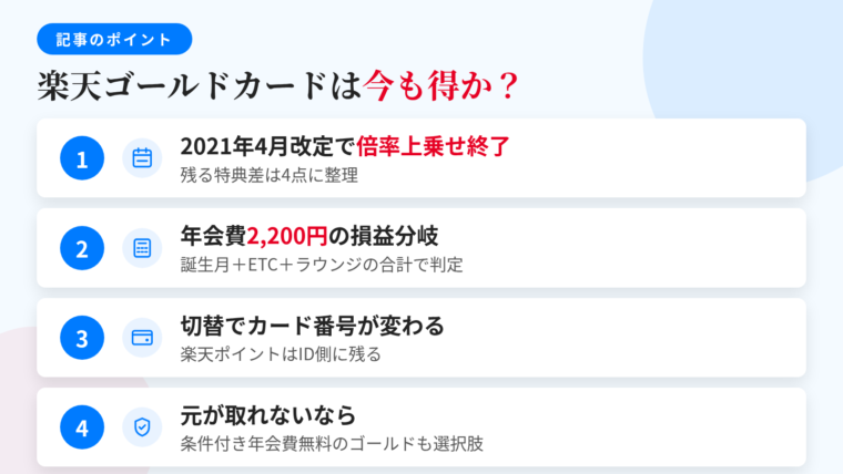 記事の要約: 2021年4月の改定で楽天市場の倍率上乗せは終了、残る差は4点。年会費2,200円(税込)の損益は誕生月・ETC・ラウンジの合計で判定。切り替えはカード番号が変わり、楽天ポイントはID側に残る。元が取れないなら条件付きで年会費無料になるゴールドも選択肢